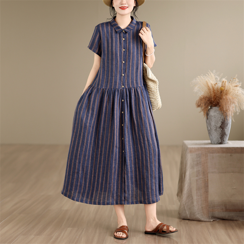 Casual Loose Linen Shirt Dress - Gaun Kemeja Panjang Sedang dengan Motif