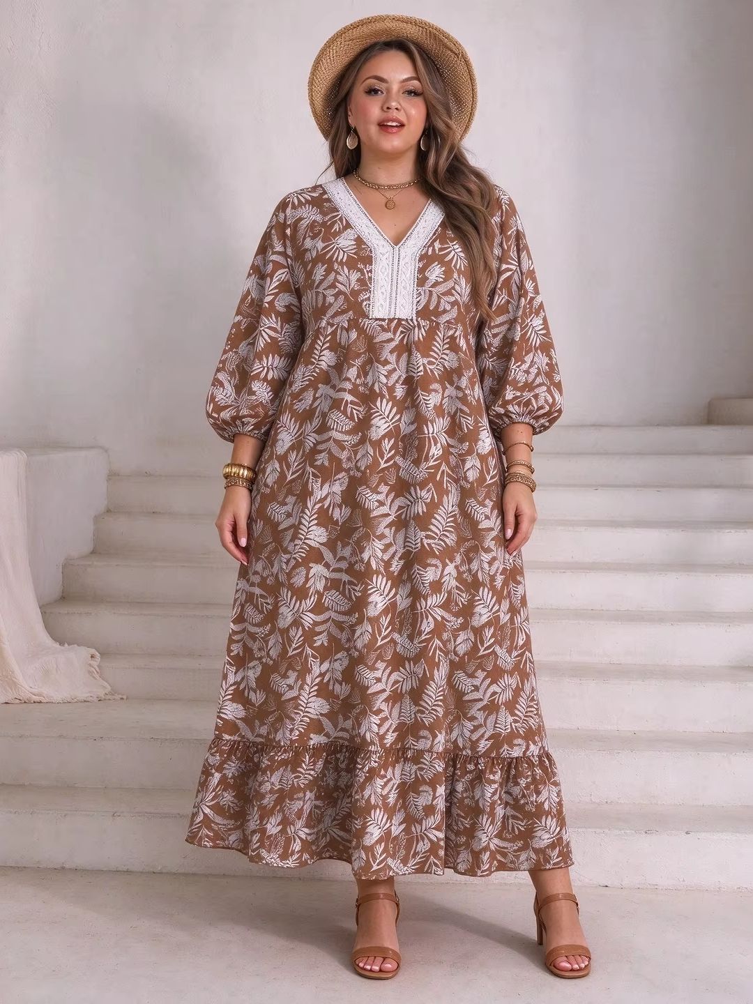 Boho Summer Beach Maxi Dress - Gaun Maxi Motif Daun dan Bunga