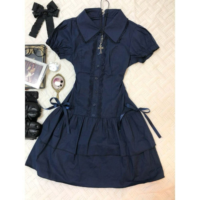 Korean Style A Line Shirt Dress - Gaun Lolita Gaya Preppy Jepang Gaun