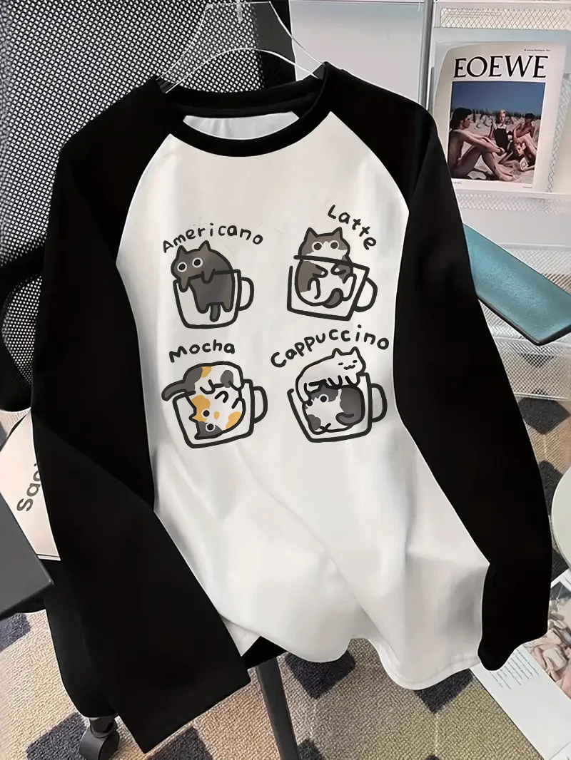 Blouses - Kaos Lengan Panjang Motif Kucing Kopi,