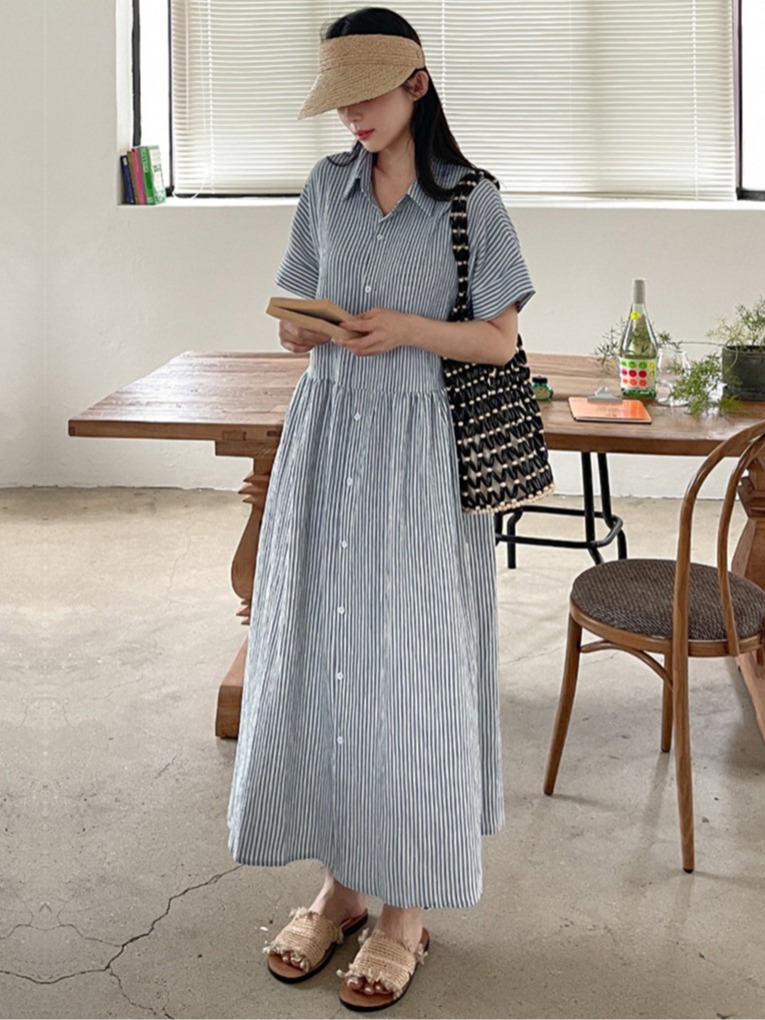 Gaun Kemeja Bergaris Gaya Kore - Korean Style A Line Shirt Dress ulasan dan harga