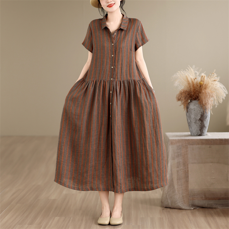 Gaun Kemeja Panjang Sedang den - Casual Loose Linen Shirt Dress ulasan dan harga