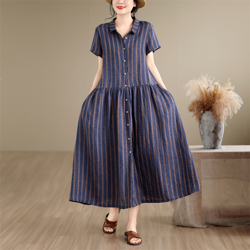 Gaun Kemeja Panjang Sedang den - Casual Loose Linen Shirt Dress ulasan dan harga