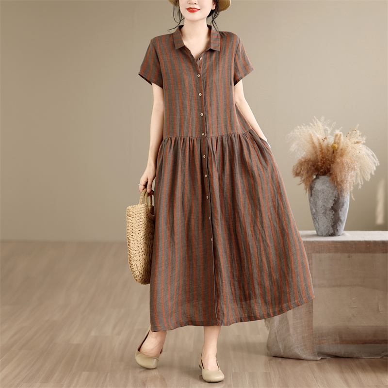 Gaun Kemeja Panjang Sedang den - Casual Loose Linen Shirt Dress ulasan dan harga