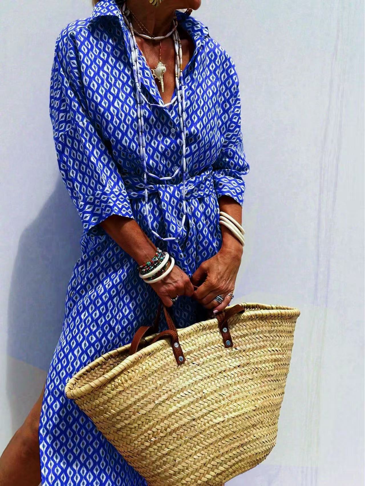 Maxi dengan Sabuk Gaun Tunik P - Casual Loose Linen Shirt Dress ulasan dan harga
