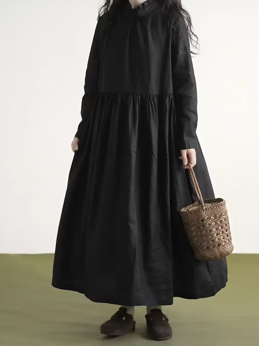 Gaun Linen Lengan Panjang deng - Casual Loose Linen Shirt Dress ulasan dan harga