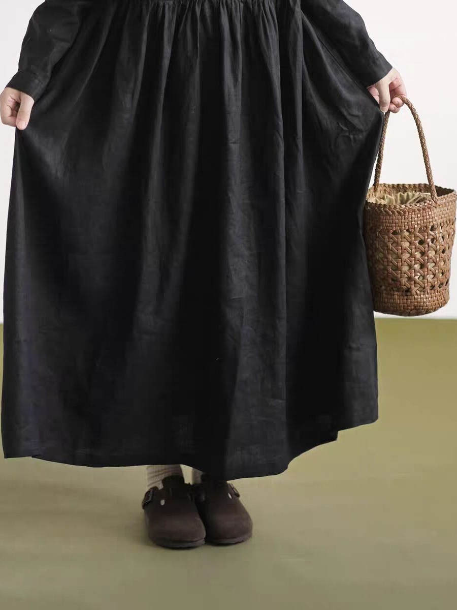 Gaun Linen Lengan Panjang deng - Casual Loose Linen Shirt Dress ulasan dan harga
