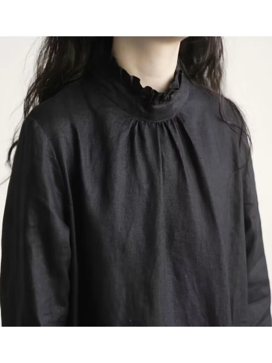 Gaun Linen Lengan Panjang deng - Casual Loose Linen Shirt Dress ulasan dan harga