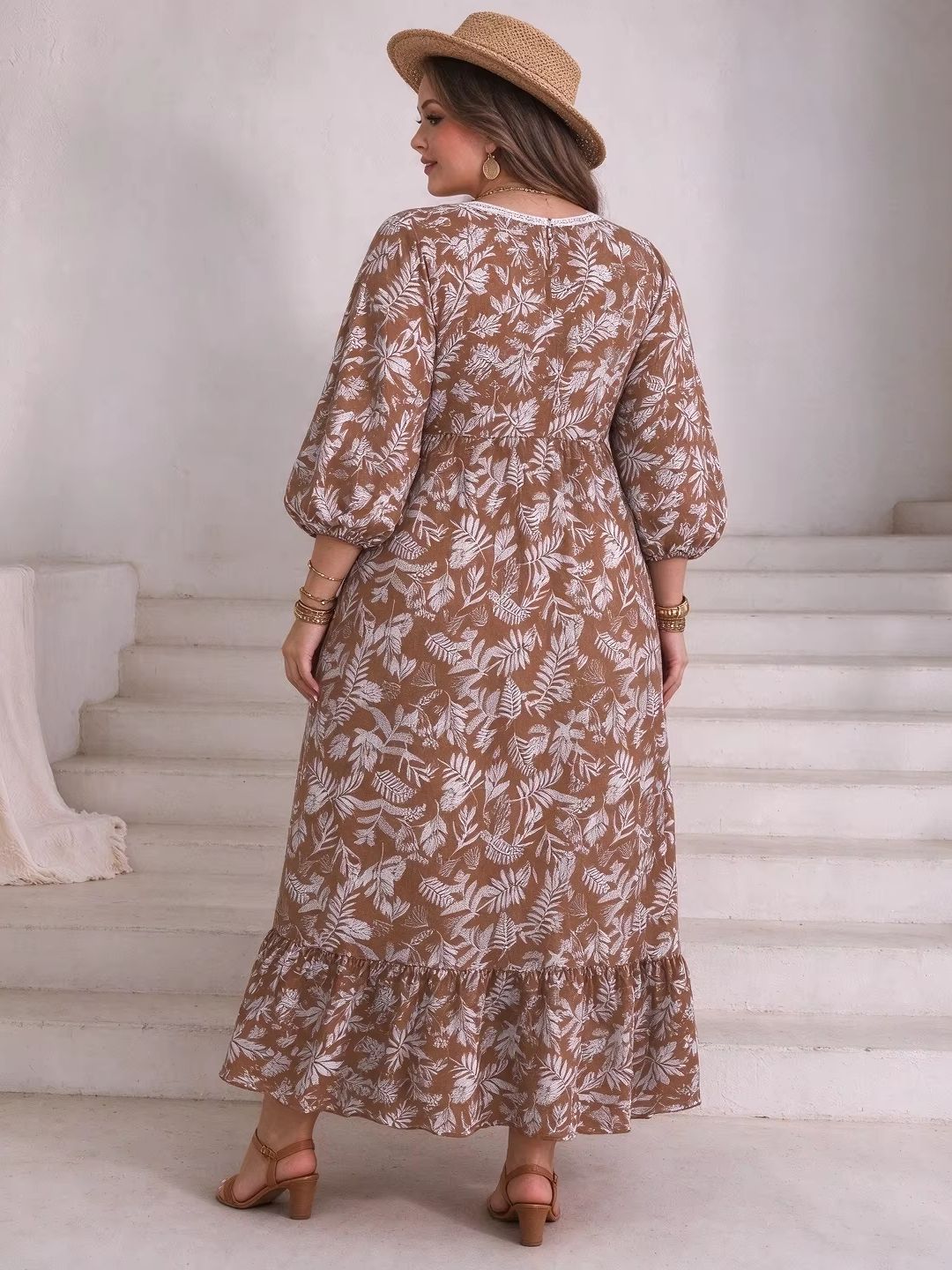 Gaun Maxi Motif Daun dan Bunga - Boho Summer Beach Maxi Dress ulasan dan harga