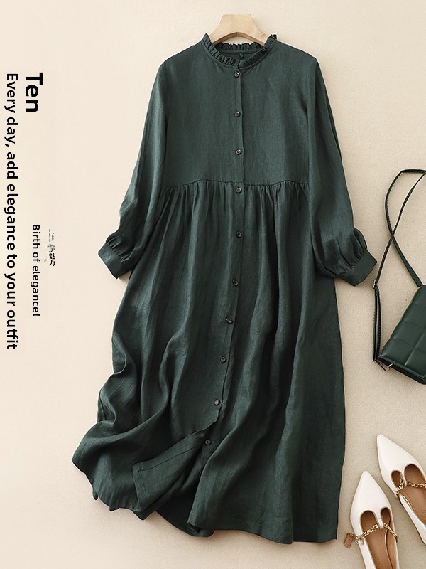 Gaun lengan panjang berbahan k - Casual Loose Linen Shirt Dress ulasan dan harga