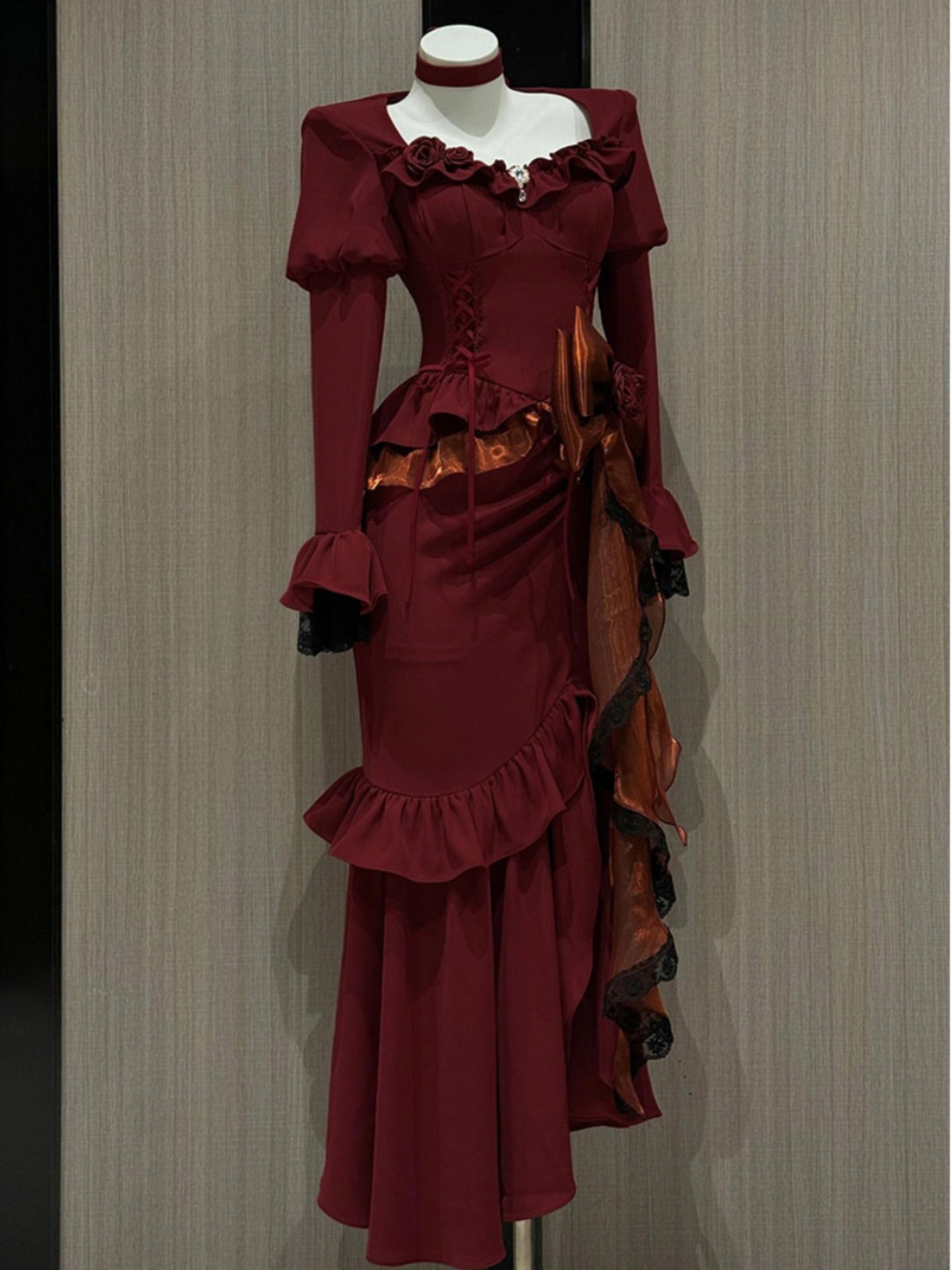 Gaun Vintage Merah Musim Semi  - French Vintage Floral Midi Dress ulasan dan harga