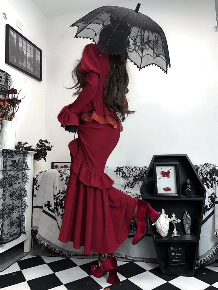 Gaun Vintage Merah Musim Semi  - French Vintage Floral Midi Dress ulasan dan harga