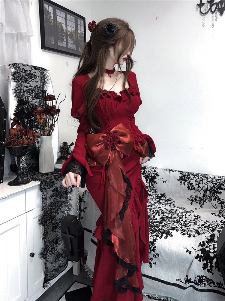 Gaun Vintage Merah Musim Semi  - French Vintage Floral Midi Dress ulasan dan harga