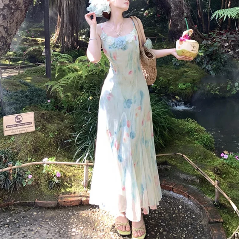 Gaun Midi Jepang Y2k Manis Kaw - French Vintage Floral Midi Dress ulasan dan harga